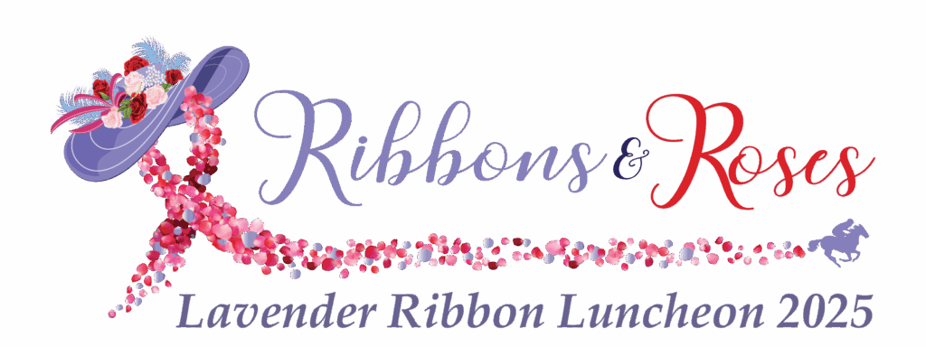 Purple Red and Pink Flower hat with event slogan Ribbons and Roses, Lavender Ribbon Luncheon 2025